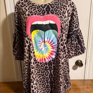 Leopard Print Blouse with Pink Lip & Tie-Dye Tongue